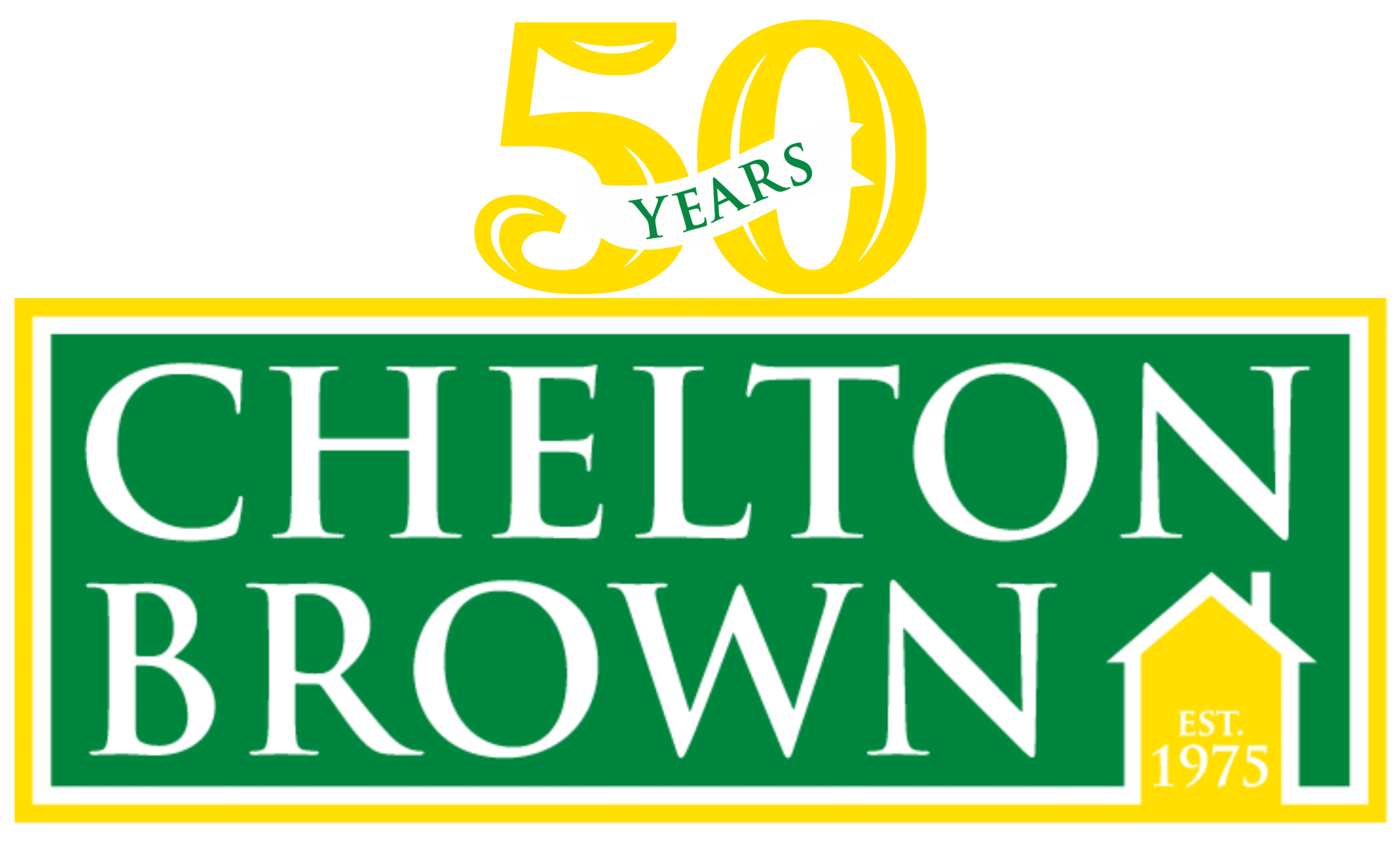 Chelton Brown logo with 50-year anniversary banner, Northamptonshire estate agents established 1975.