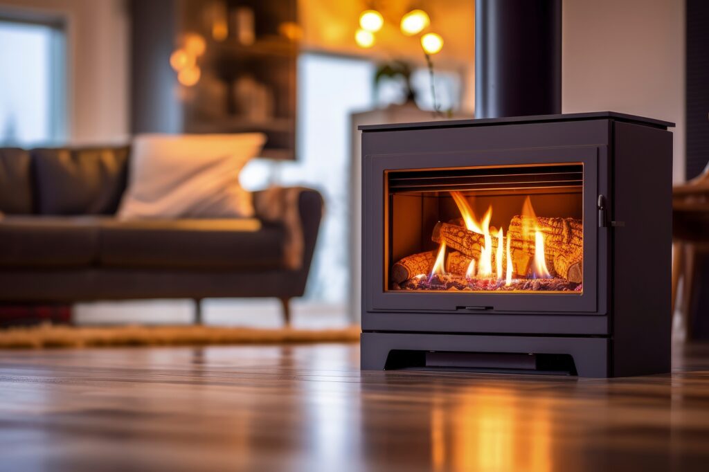 Modern wood burner in cozy living room representing resilience in the Winter 2025 UK property market.
